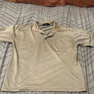 Vintage Men's Beige/gold Striped Polo bowling Shirt